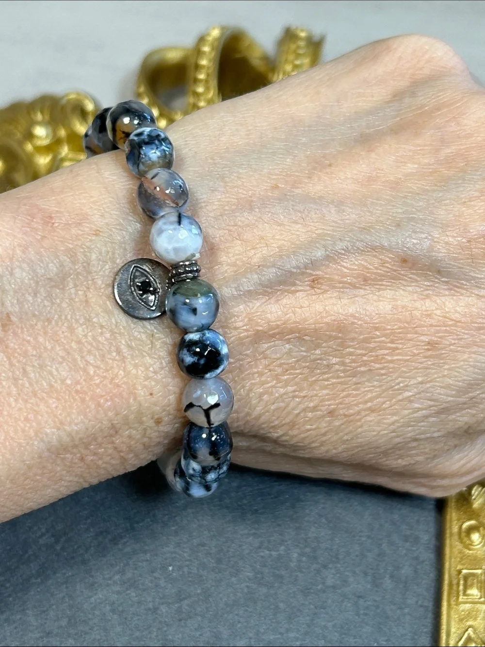 Dragon Vein Agate Stone Beaded Bracelet with 925 Sterling Eye Charm